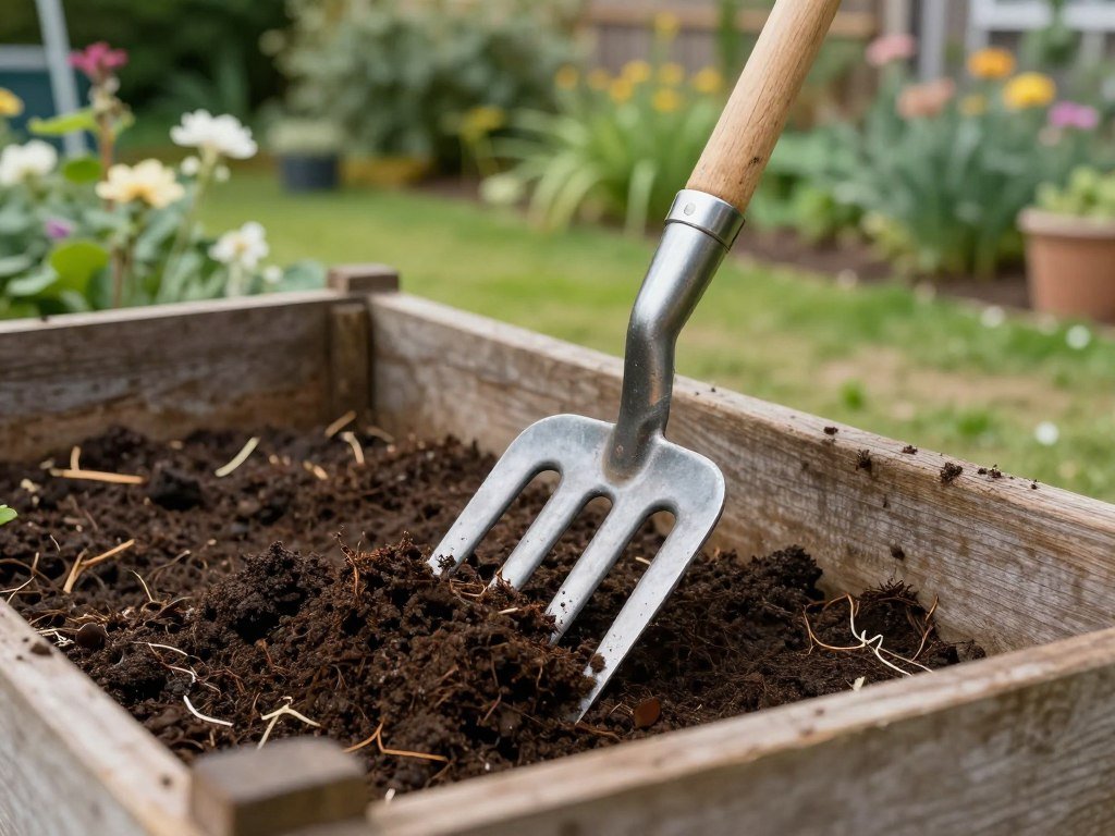 Spear & Jackson Traditional Garden Fork being used to turn compost in a European garden