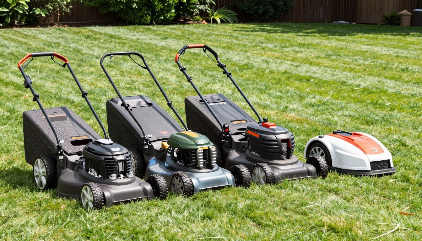 Various types of lawn mowers lined up on a freshly cut lawn, showing gas, battery, and robotic options