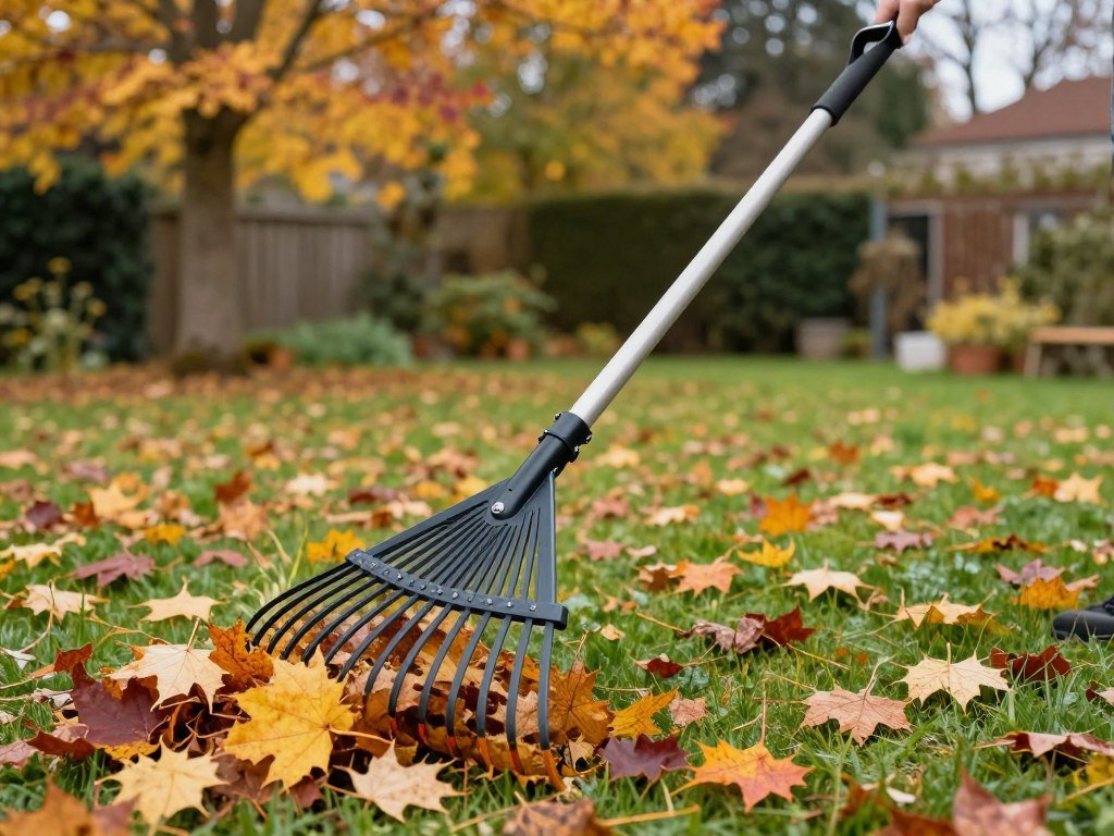 Wolf-Garten Multi-Change Leaf Rake collecting autumn leaves in a European garden
