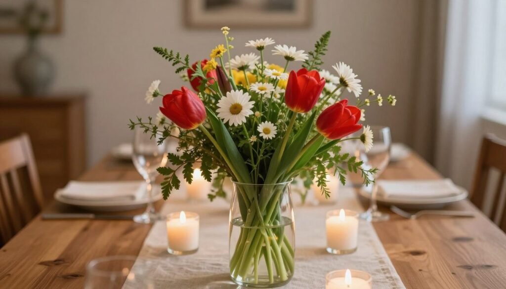 A beautifully arranged centerpiece for a dining table, showcasing an assortment of vibrant flowers in various stages of bloom. In the foreground, a tall glass vase filled with striking red tulips, white daisies, and lush greenery creates a focal point. Surrounding the vase, delicate white candles add a warm, inviting glow. In the middle ground, a soft, neutral table runner enhances the overall elegance. The background features a softly blurred glimpse of a cozy dining room, with warm wood accents and soft lighting, creating an intimate atmosphere. Capture this scene with a shallow depth of field to highlight the centerpiece while softly blurring the background, evoking a sense of warmth and creativity for every dining experience.