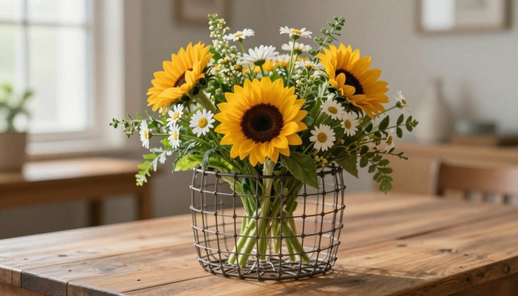 A beautifully arranged chicken wire vase grid, filled with an assortment of fresh flowers such as sunflowers, daisies, and greenery, displayed on a rustic wooden table. The foreground features a close-up view of the wire grid, showcasing the intricate weave and flexibility of the chicken wire, with flowers carefully secured in place. In the middle, vibrant blooms burst with color, contrasting delicately against the muted tones of the wire. The background softly blurs, revealing a cozy interior setting, with warm, natural light streaming in from a nearby window, illuminating the scene. The ambiance is inviting and relaxed, perfect for a home decor atmosphere. Use a shallow depth of field to focus on the vase while creating a gentle bokeh effect in the background, enhancing the beauty of the floral arrangement.