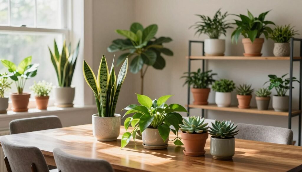 A beautifully arranged dining room showcasing a selection of potted plants suited for varying light conditions. In the foreground, a polished wooden dining table adorned with a vibrant centerpiece featuring a mix of low-light and bright-light plants, such as a snake plant, pothos, and succulents. The middle ground includes stylish shelves with different types of planters, blending elegant ceramic and rustic terracotta, displaying how various plants adapt to their surroundings. Soft natural light streams in from large windows, casting gentle shadows and creating a tranquil and inviting atmosphere. The background features subtle, warm-colored walls that enhance the lush greenery. Captured from a slightly elevated angle, this image evokes a sense of harmony between nature and interior decor, perfect for cultivating an indoor floral display.