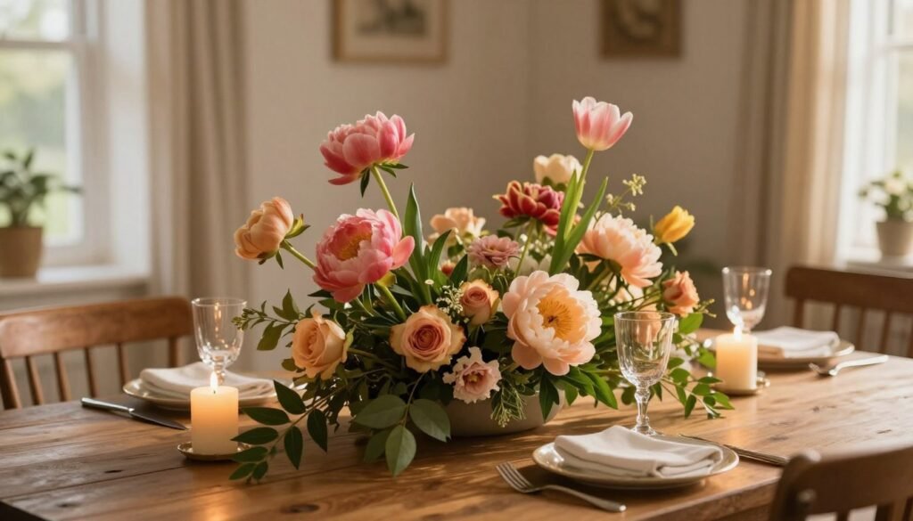A beautifully arranged dining table centerpiece featuring a mix of vibrant seasonal flowers in varying heights, such as peonies, roses, and tulips, complemented by lush greenery. The centerpiece should be positioned prominently at the center of a rustic wooden dining table, adorned with elegant tableware and soft, flickering candlelight. In the background, a softly blurred setting of a warm, inviting dining room with neutral-colored walls and natural light filtering through sheer curtains enhances the atmosphere. The lighting is golden hour, casting a warm glow over the scene, creating a serene and inviting mood. Focused at a slightly elevated angle to capture the richness of the flowers and the delicate details of the table setting, evoking timeless elegance and inspiration for indoor floral displays.