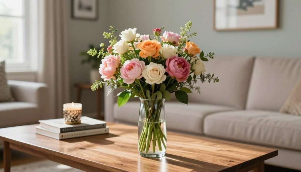 A beautifully arranged indoor setting showcasing an elegant vase as the focal point of home decor. In the foreground, a slender, glass vase filled with a vibrant bouquet of fresh flowers—roses, peonies, and greenery—creating a burst of color. The middle ground features a stylish wooden coffee table adorned with tasteful accessories like a chic candle holder and a small stack of art books. Soft, natural light filters through a nearby window, casting gentle shadows and enhancing the shiny surface of the vase. In the background, tastefully painted walls and minimalistic framed artwork enhance the sophisticated atmosphere, evoking a sense of tranquil elegance. The image is captured from a slight angle, emphasizing depth and creating an inviting ambiance suited for an elegant floral display in a modern living room. A beautifully arranged indoor setting showcasing an elegant vase as the focal point of home decor. In the foreground, a slender, glass vase filled with a vibrant bouquet of fresh flowers—roses, peonies, and greenery—creating a burst of color. The middle ground features a stylish wooden coffee table adorned with tasteful accessories like a chic candle holder and a small stack of art books. Soft, natural light filters through a nearby window, casting gentle shadows and enhancing the shiny surface of the vase. In the background, tastefully painted walls and minimalistic framed artwork enhance the sophisticated atmosphere, evoking a sense of tranquil elegance. The image is captured from a slight angle, emphasizing depth and creating an inviting ambiance suited for an elegant floral display in a modern living room.