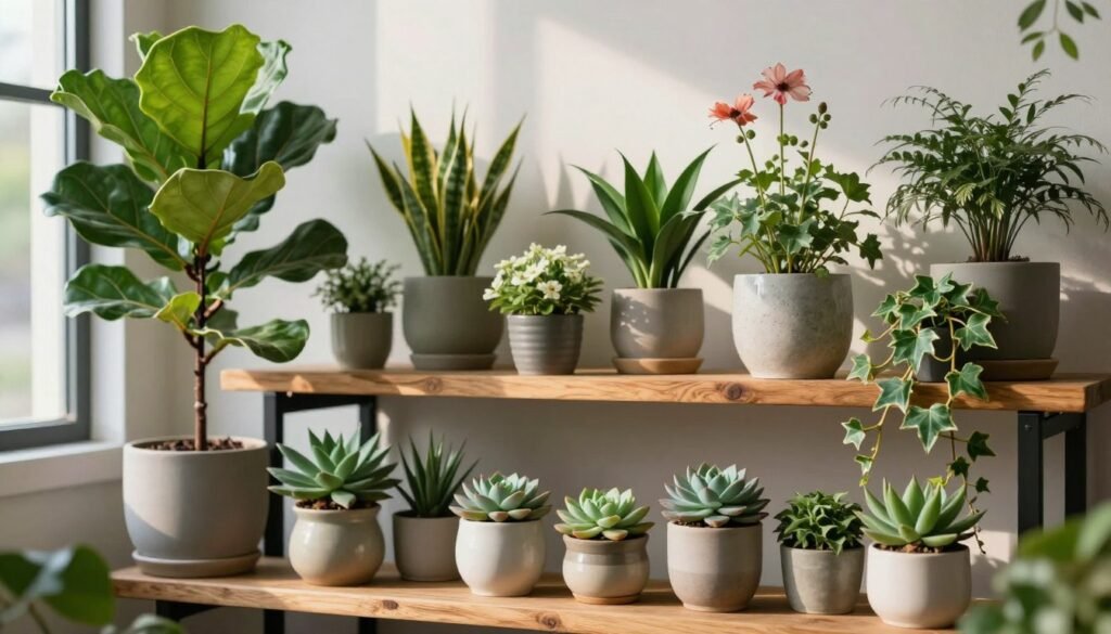 A beautifully arranged indoor shelf display featuring a diverse collection of potted plants styled as fine art. In the foreground, focus on a striking tall fiddle leaf fig with large, vibrant green leaves set beside elegant small ceramic pots of succulents and trailing ivy. The middle layer includes a rustic wooden shelf adorned with diverse flowers and plants artfully positioned, allowing for varying heights and colors that create visual interest. In the background, soft, natural light filters through a nearby window, casting gentle shadows and creating a serene atmosphere. The scene is shot with a shallow depth of field to highlight the plants, emphasizing their intricate details and textures. The overall mood is calming and sophisticated, ideal for inspiring creativity in indoor plant styling.