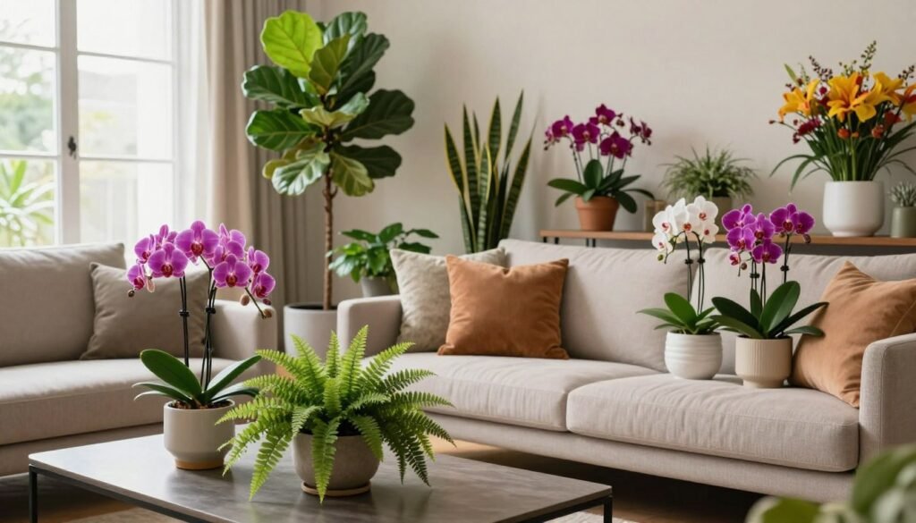 A beautifully arranged living room designed for strategic placement of indoor flowers, showcasing vibrant blooms in elegant pots. In the foreground, a modern coffee table adorned with a striking orchid and a lush fern. In the middle, a stylish couch with cozy cushions, flanked by well-placed large potted plants like a fiddle leaf fig and snake plant, creating layers of greenery and color. The background features large windows allowing soft, natural light to stream in, enhancing the vivid colors of the flowers. The room has a warm and inviting atmosphere, with neutral-toned walls and decorative accents that complement the floral display. The angle should emphasize depth and perspective, capturing the harmonious balance between furniture and botanical elements.