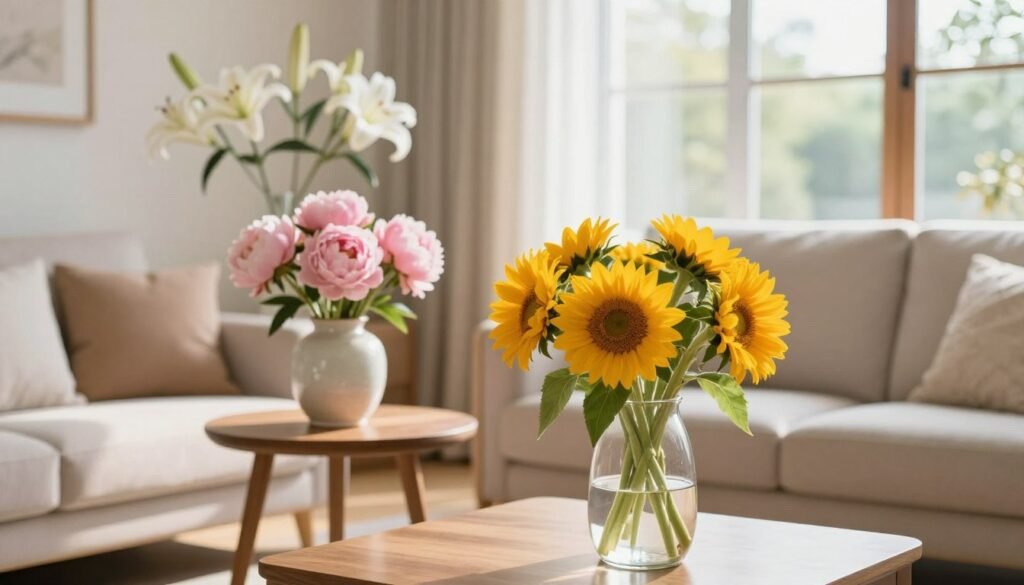 A beautifully arranged living room featuring a selection of elegant vases displaying vibrant indoor flowers. In the foreground, a modern glass vase filled with bright yellow sunflowers sits on a sleek coffee table. The middle ground reveals a wooden side table adorned with a ceramic vase showcasing delicate pink peonies, while a tall, narrow vase with white lilies leans gracefully against the wall. The background features a cozy sofa with soft throw pillows, framed by large windows letting in soft, natural sunlight, creating a warm and inviting atmosphere. Use a soft focus lens to highlight the vases and flowers, while maintaining a clear view of the inviting living space, evoking a serene and cheerful mood perfect for showcasing floral beauty.