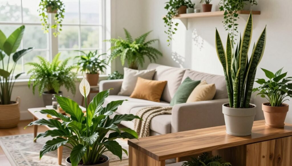 A beautifully arranged living room showcasing a variety of indoor plants. In the foreground, a vibrant peace lily and a tall snake plant are positioned on an elegant wooden console table. The middle ground features a cozy seating area with a plush, neutral-colored sofa adorned with colorful cushions, surrounded by potted ferns and hanging ivy. The background presents large, bright windows allowing natural light to pour in, creating a warm and inviting atmosphere. Soft shadows dance across the walls, enhancing the greenery's lush hues. The scene captures a serene and refreshing vibe, perfect for an indoor flower display. Aim for a slightly elevated angle for a comprehensive view, enhancing the depth and richness of the plant arrangements.