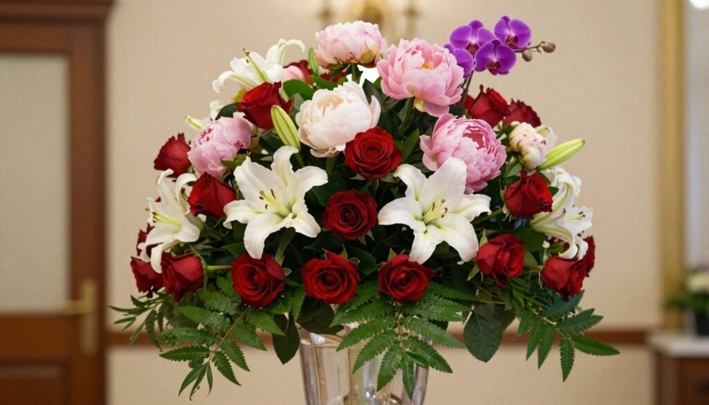 A beautifully arranged professional floral centerpiece, showcasing a harmonious blend of fresh flowers. In the foreground, a tall, elegant vase filled with a rich mixture of deep red roses, white lilies, and lush greenery. The middle ground features a carefully balanced display, with flowers artfully layered to create depth, including soft pink peonies and purple orchids. In the background, a softly blurred interior setting with warm, natural lighting highlighting the freshness of the blooms. The atmosphere is serene and sophisticated, evoking a sense of tranquility and elegance, perfect for indoor decoration. Shot with a slightly overhead angle to emphasize the arrangement’s structure and details, enhancing the professional quality of the floral design.