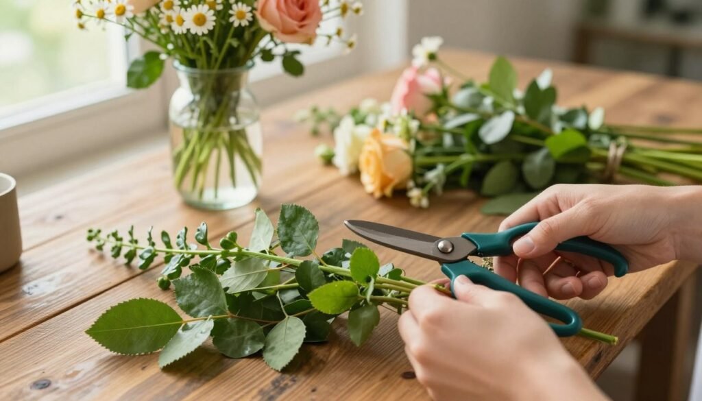 A beautifully arranged workspace featuring a pair of hands, gently clipping stems and trimming foliage with precision using sharp, professional gardening shears. In the foreground, vibrant flower stems and lush green leaves are artfully scattered on a rustic wooden table. The middle ground reveals a variety of fresh flowers, including roses and daisies, in a charming glass vase filled with water, while additional stems await processing. The background softly blurs, hinting at natural light coming through a nearby window, creating a serene and inviting atmosphere. The lighting is warm and soft, emphasizing the colors and textures of the foliage. The angle is from above, capturing the meticulous arrangement and care taken in the flower arranging process. The overall mood is tranquil and focused, embodying the essence of floral artistry.