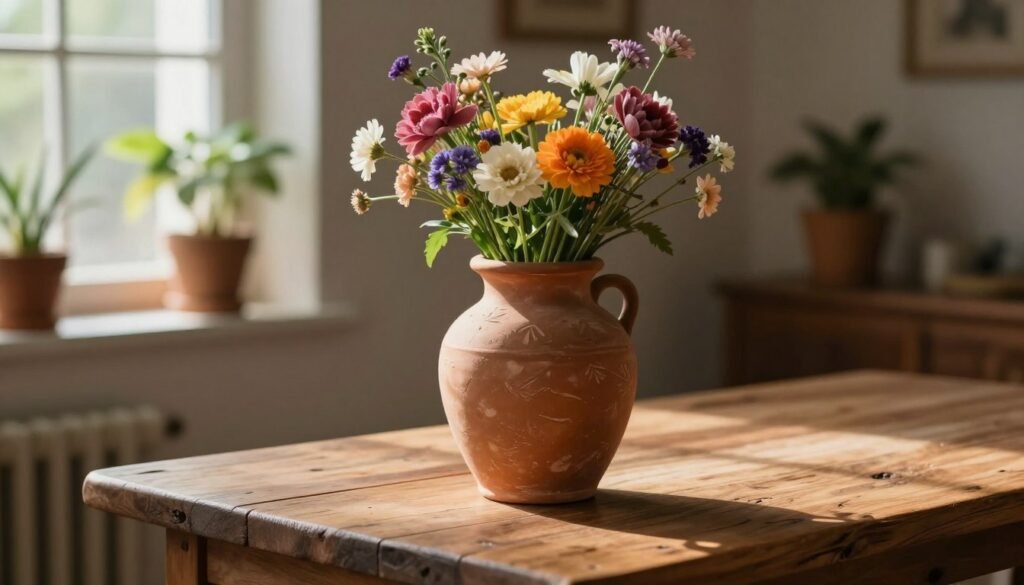 A beautifully crafted terra-cotta vase sits elegantly on a rustic wooden table, showcasing organic shapes and earthy tones that evoke a sense of warmth. The vase is adorned with subtle textures, highlighting its artisanal quality, and is filled with a vibrant bouquet of seasonal flowers, adding a pop of color and life. Soft, natural light filters through a nearby window, casting gentle shadows that enhance the rustic charm of the scene. In the background, a blurred view of a cozy indoor setting with potted plants adds depth, creating an inviting atmosphere. The composition is framed at a slight angle to capture the intricate details of both the vase and the flowers, reflecting a serene and earthy aesthetic that embodies sophistication and warmth. A beautifully crafted terra-cotta vase sits elegantly on a rustic wooden table, showcasing organic shapes and earthy tones that evoke a sense of warmth. The vase is adorned with subtle textures, highlighting its artisanal quality, and is filled with a vibrant bouquet of seasonal flowers, adding a pop of color and life. Soft, natural light filters through a nearby window, casting gentle shadows that enhance the rustic charm of the scene. In the background, a blurred view of a cozy indoor setting with potted plants adds depth, creating an inviting atmosphere. The composition is framed at a slight angle to capture the intricate details of both the vase and the flowers, reflecting a serene and earthy aesthetic that embodies sophistication and warmth.