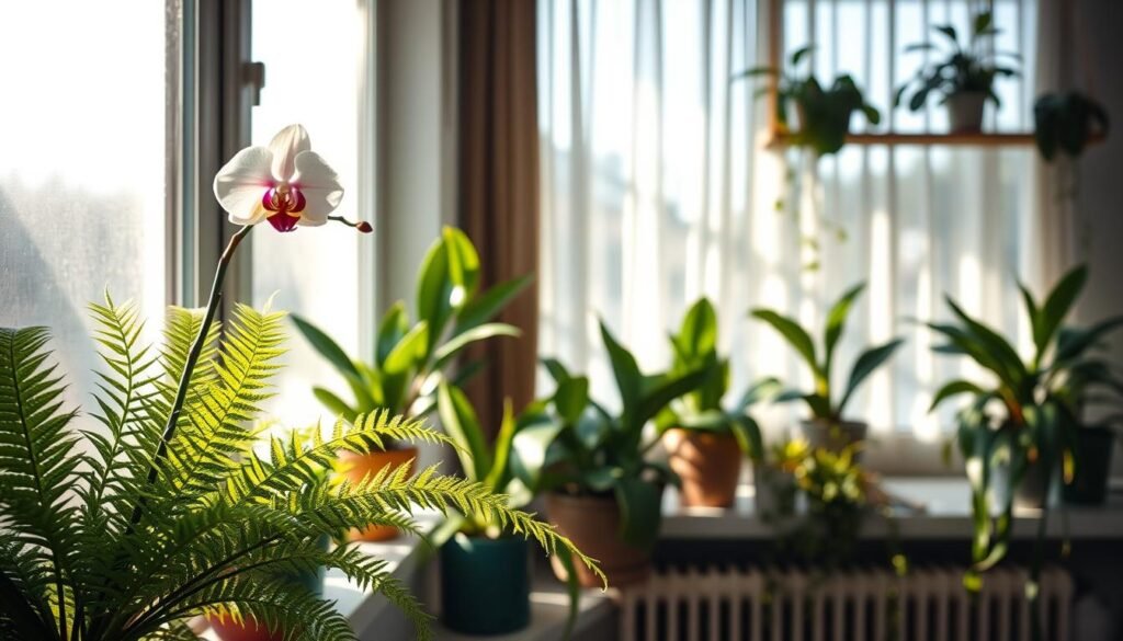 A beautifully lit indoor scene showcasing a variety of lush houseplants, delicately placed on windowsills and shelves, all bathed in warm, natural light. In the foreground, a vibrant green fern and a blooming orchid display their leaves and petals, glistening with dew. The middle of the image features an array of plants such as snake plants and pothos, casting gentle shadows on the surfaces below. In the background, soft, diffused sunlight filters through sheer curtains, creating an inviting and serene atmosphere. The camera angle is slightly elevated, capturing a panoramic view that emphasizes the interplay of light and foliage. The overall mood is tranquil and refreshing, suggesting an environment conducive to plant growth and health.