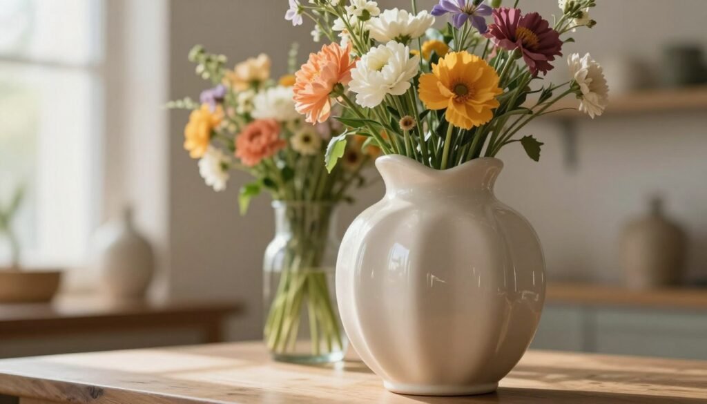 A beautifully sculptural vase designed for elegant flower arrangements, showcasing a smooth ceramic finish with elegant curves and an organic silhouette. The vase sits prominently in the foreground, elaborately reflecting soft, diffused light that highlights its contours. In the middle ground, an arrangement of vibrant, fresh flowers bursts forth, their colors contrasting beautifully with the vase's neutral hue. The background features a softly blurred indoor setting, with hints of a sunlit room that adds warmth and creates an inviting atmosphere. The scene is captured from a low angle perspective, emphasizing the vase's stature and the delicate flower display. The overall mood is sophisticated yet approachable, perfect for an amateur florist seeking inspiration for indoor floral design. A beautifully sculptural vase designed for elegant flower arrangements, showcasing a smooth ceramic finish with elegant curves and an organic silhouette. The vase sits prominently in the foreground, elaborately reflecting soft, diffused light that highlights its contours. In the middle ground, an arrangement of vibrant, fresh flowers bursts forth, their colors contrasting beautifully with the vase's neutral hue. The background features a softly blurred indoor setting, with hints of a sunlit room that adds warmth and creates an inviting atmosphere. The scene is captured from a low angle perspective, emphasizing the vase's stature and the delicate flower display. The overall mood is sophisticated yet approachable, perfect for an amateur florist seeking inspiration for indoor floral design.