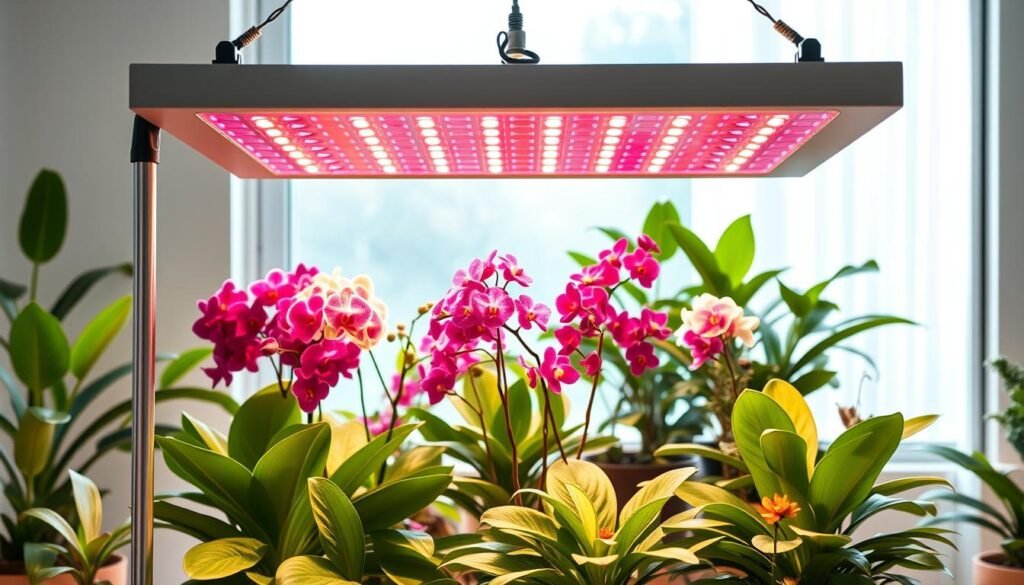 A bright and modern indoor space featuring a high-quality grow light specifically designed for flowering plants. In the foreground, showcase the grow light itself, highlighting its adjustable arms and full-spectrum bulbs. The middle area displays a vibrant collection of indoor flowering plants, such as orchids and African violets, thriving under the warm glow of the light. In the background, soft, diffused natural light filters through a window, casting gentle highlights on the plants, creating a serene atmosphere. The overall mood is one of nurturing and growth, emphasizing the efficacy of grow lights in winter indoor gardening. Use a slight overhead angle to capture the grow light and plants harmoniously, with an emphasis on color vibrancy and lush greenery.