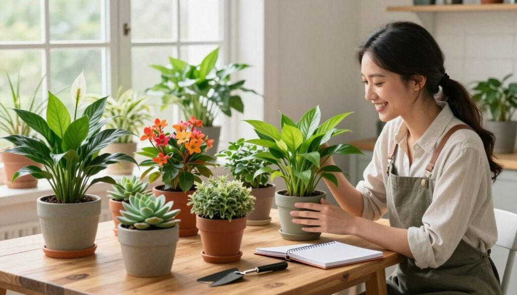 A bright, inviting indoor scene showcasing a variety of easy-to-care-for flowering plants arranged beautifully on a wooden table. In the foreground, a cheerful beginner gardener, dressed in casual yet tidy clothing, examines vibrant potted flowers like peace lilies, pothos, and succulents, with a notebook and gardening tools beside them. The middle ground features an array of colorful flowering plants, each in stylish ceramic pots, showcasing their unique shapes and colors. In the background, a sunny window allows natural light to flood the space, enhancing the lush greens and bright petals. The atmosphere is warm and inspiring, encouraging a sense of creativity and productivity in plant selection. Soft shadows and gentle highlights emphasize the freshness and beauty of the plants, making it an ideal setting for indoor gardening enthusiasts.