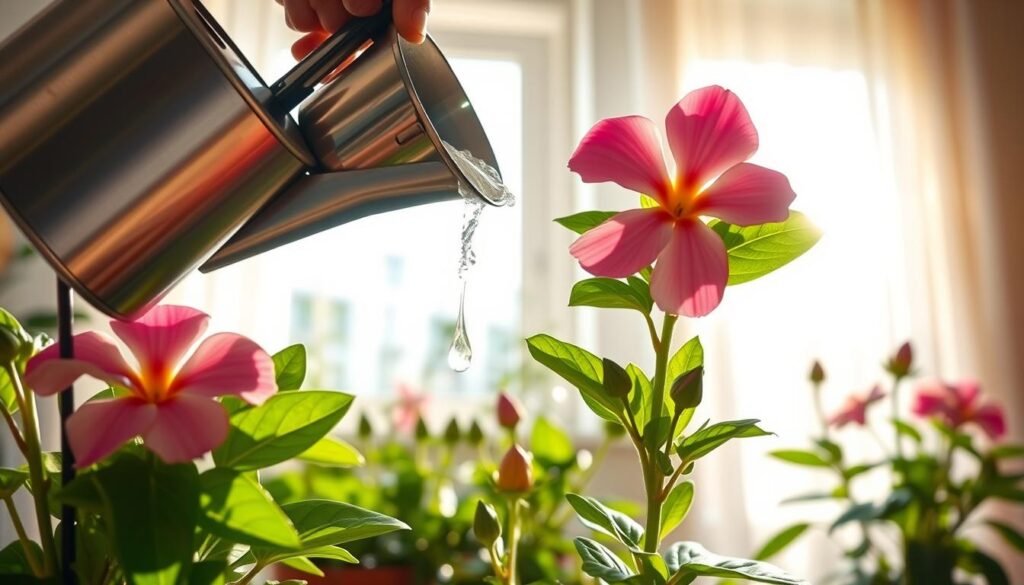 A bright, inviting indoor scene showcasing a well-cared-for potted flower in full bloom, vibrant petals contrasting against lush green leaves. The foreground features a close-up of a hand gently watering the plant with a stylish watering can, droplets shimmering under natural light. In the middle ground, there are various indoor plants with healthy foliage, some budding blooms emerging, suggesting renewal and care. The background contains a sunlit window with sheer curtains, softly diffusing warm light across the room, creating a serene atmosphere. The overall mood is uplifting and encouraging, evoking a sense of hope and rejuvenation for indoor flowers. The image is crisp and clear, captured from a slightly elevated angle to enhance the view of both the flowers and the nurturing process.