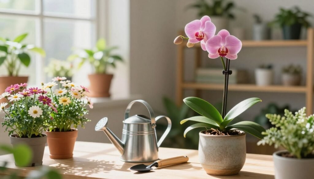 A bright, inviting indoor space filled with lush flowering plants in various stages of blooming. In the foreground, a delicate pink orchid with vibrant green leaves sits in a textured ceramic pot. To the left, a cheerful collection of small potted daisies adds a pop of color. In the middle, a watering can made of brushed stainless steel is placed beside a set of gardening tools, illustrating care habits. The background features softly blurred shelves with additional indoor plants basking in natural light streaming through a large window, enhancing the atmosphere of warmth and tranquility. The lighting is bright and natural, casting gentle shadows that emphasize the intricate details of the leaves and flowers, creating a serene, inviting mood perfect for nurturing indoor plant care.