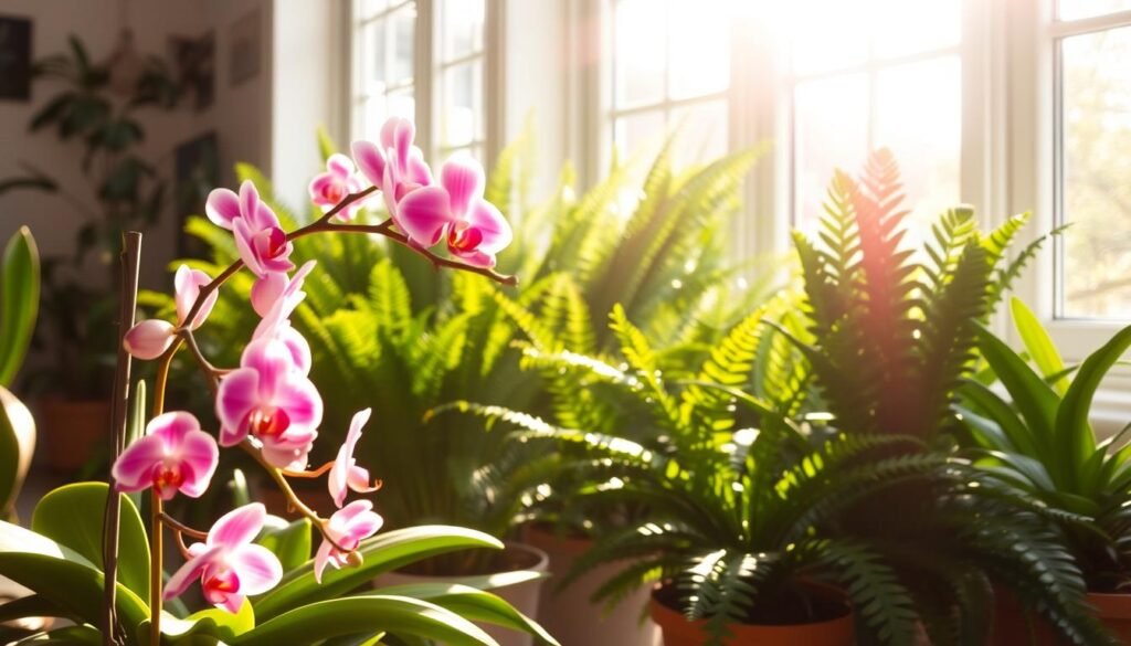A bright, sunlit indoor gardening scene showcasing a variety of flourishing indoor plants, each bathed in gentle, warm light filtering through large windows. In the foreground, a vibrant pot of blooming orchids displays delicate pink and white petals. The middle ground features a lush arrangement of ferns and leafy green plants with varied textures, creating a sense of depth. In the background, soft light plays off pale wall colors and hints of outdoor greenery. The warm, inviting atmosphere conveys growth and vitality, with shadows adding dimension to the scene. Capture this image from a slightly elevated angle to emphasize the radiant light source, highlighting the importance of adequate sunlight for healthy plant growth. A bright, sunlit indoor gardening scene showcasing a variety of flourishing indoor plants, each bathed in gentle, warm light filtering through large windows. In the foreground, a vibrant pot of blooming orchids displays delicate pink and white petals. The middle ground features a lush arrangement of ferns and leafy green plants with varied textures, creating a sense of depth. In the background, soft light plays off pale wall colors and hints of outdoor greenery. The warm, inviting atmosphere conveys growth and vitality, with shadows adding dimension to the scene. Capture this image from a slightly elevated angle to emphasize the radiant light source, highlighting the importance of adequate sunlight for healthy plant growth.