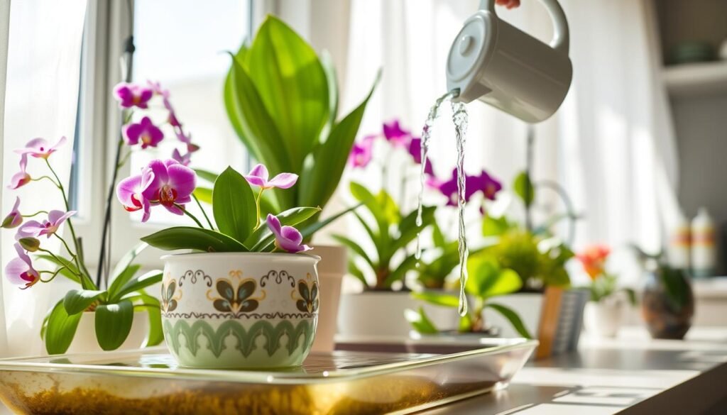 A bright, sunlit kitchen scene featuring a variety of flowering houseplants, including vibrant orchids and cheerful African violets, being bottom watered. In the foreground, a decorative pot is partially submerged in a shallow tray filled with water, showcasing roots absorbing moisture. The middle ground highlights a watering can gently pouring water into the tray, emphasizing the technique's benefits for healthy plant growth. In the background, a light-filled window with sheer curtains casts soft shadows, enhancing the inviting atmosphere. The focus is sharp on the plants, with a shallow depth of field blurring the background. The overall mood is serene and nurturing, exuding warmth and vitality that reflects the flourishing life of the houseplants.