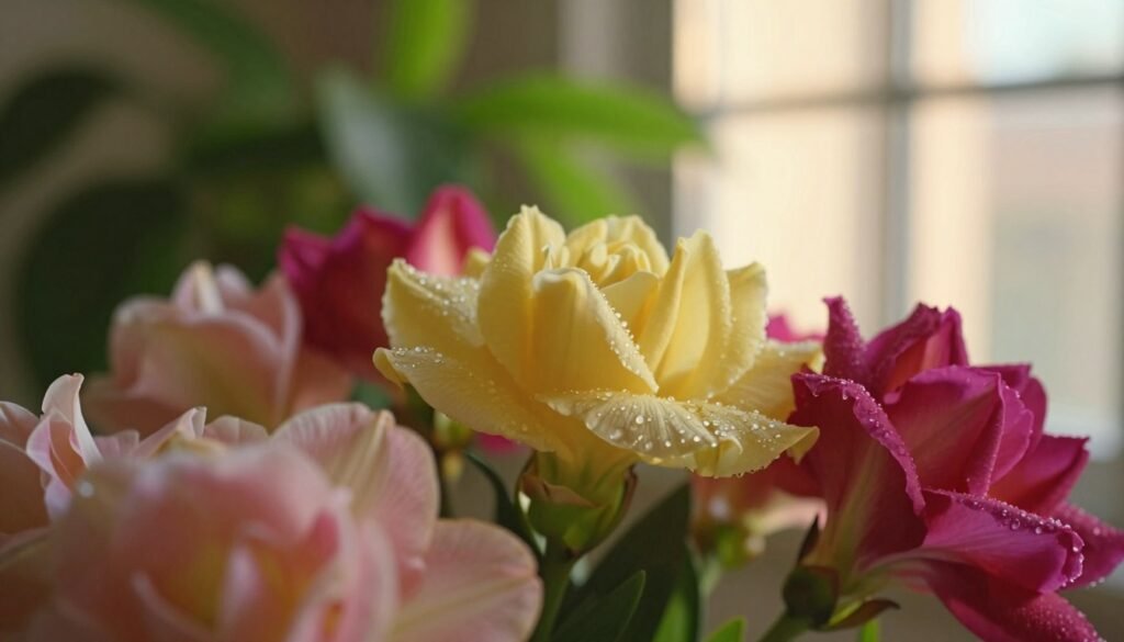 A captivating close-up of a vibrant indoor flower, lush and full of color, set against a soft-focus background of gentle green foliage. The foreground highlights the delicate petals, showcasing their intricate textures and dew-like droplets reflecting natural light, emphasizing their fragility. The middle ground features a slightly blurred, warm ambient light that enhances the flower's vivid hues, creating a soothing yet invigorating atmosphere. In the background, softly lit window panes filter in sunlight, casting dappled shadows that add depth and warmth to the scene. The overall mood is tranquil and serene, inviting the viewer to consider the care necessary for indoor blooms to thrive. A captivating close-up of a vibrant indoor flower, lush and full of color, set against a soft-focus background of gentle green foliage. The foreground highlights the delicate petals, showcasing their intricate textures and dew-like droplets reflecting natural light, emphasizing their fragility. The middle ground features a slightly blurred, warm ambient light that enhances the flower's vivid hues, creating a soothing yet invigorating atmosphere. In the background, softly lit window panes filter in sunlight, casting dappled shadows that add depth and warmth to the scene. The overall mood is tranquil and serene, inviting the viewer to consider the care necessary for indoor blooms to thrive.