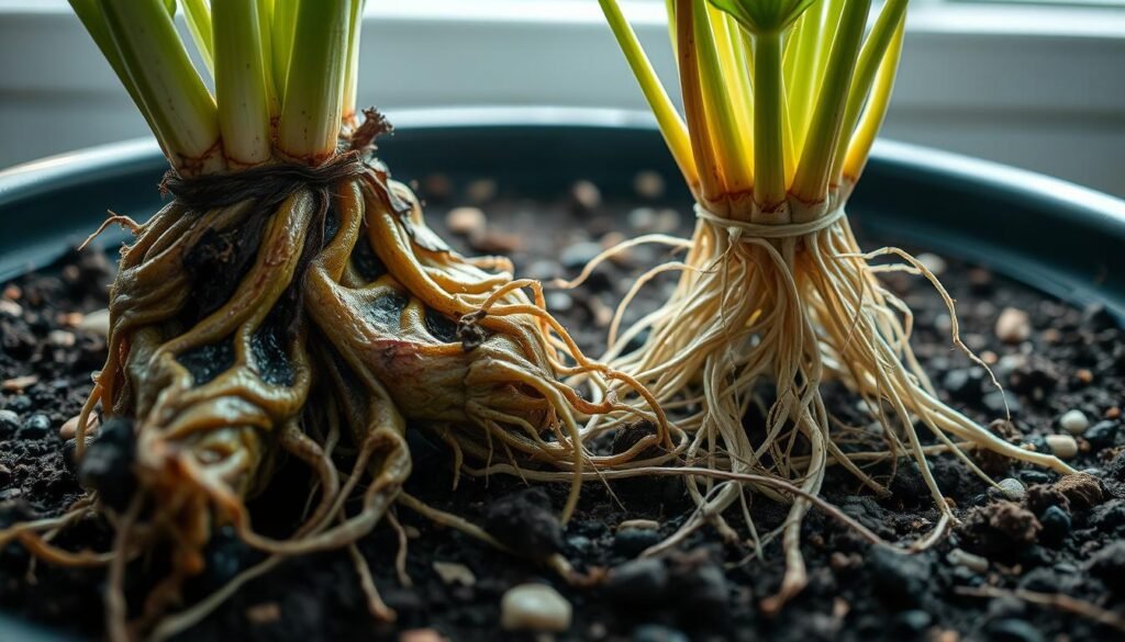 A close-up, detailed view of plant roots, showcasing both overwatered and underwatered conditions. In the foreground, the struggling roots of an overwatered plant are visibly swollen and mushy, with dark, discolored areas indicating rot. In contrast, the roots of an underwatered plant in the middle ground are thin, brittle, and dry, with some areas showing a lack of moisture. The background features potting soil scattered with small pebbles, illuminated by soft, natural light streaming in from a nearby window, enhancing the textures of the roots. The overall mood is one of contrast and clarity, emphasizing the struggle of plants in different watering conditions. The composition is shot at a shallow depth of field to keep the focus on the roots while softly blurring the background.