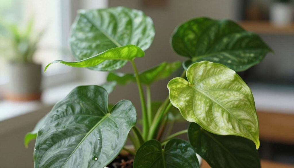 A close-up image of a lush, vibrant houseplant with various types of leaf curling symptoms prominently displayed. In the foreground, showcase three distinct leaves: one exhibiting upward curling, another showing downward curling, and the third demonstrating edges curling inward. The middle ground features healthy leaves for comparison, allowing viewers to easily identify symptoms. The background is softly blurred, depicting a cozy indoor setting with natural light filtering through a window, casting gentle shadows on the leaves. Use a shallow depth of field to emphasize the leaves as the main focal point. The overall mood is informative and calm, ideal for a diagnostic guide on houseplant care. A close-up image of a lush, vibrant houseplant with various types of leaf curling symptoms prominently displayed. In the foreground, showcase three distinct leaves: one exhibiting upward curling, another showing downward curling, and the third demonstrating edges curling inward. The middle ground features healthy leaves for comparison, allowing viewers to easily identify symptoms. The background is softly blurred, depicting a cozy indoor setting with natural light filtering through a window, casting gentle shadows on the leaves. Use a shallow depth of field to emphasize the leaves as the main focal point. The overall mood is informative and calm, ideal for a diagnostic guide on houseplant care.