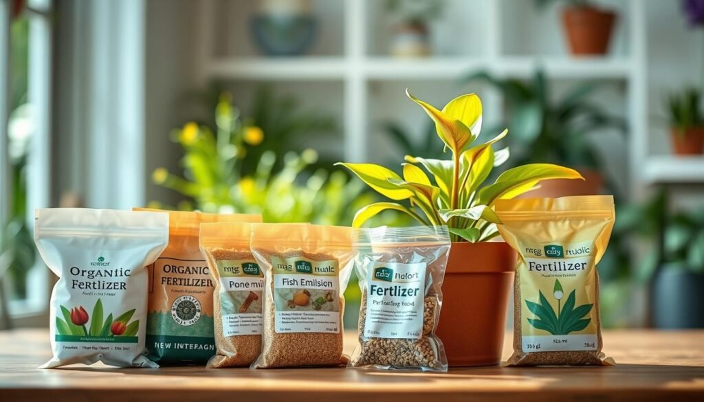 A close-up image of a variety of fertilizers for indoor plants, arranged artistically on a wooden table. In the foreground, there are small bags of organic and synthetic fertilizers, each labeled with simple graphics, showcasing the ingredients like bone meal, fish emulsion, and slow-release granules. Within the middle ground, a vibrant potted flower with bright green leaves and a few brown-tipped leaves illustrates the concept of plant nutrition. The background features a soft-focus indoor gardening scene, with diffused natural light filtering through a window, creating a warm, nurturing atmosphere. The composition should evoke a sense of care and responsibility in plant care, emphasizing the importance of proper fertilization for healthy blooms.