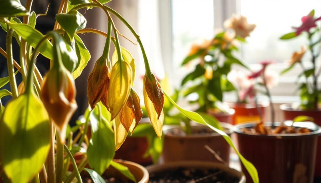 A close-up image of indoor flower plants showing signs of underwatering. In the foreground, wilted leaves droop, exhibiting a yellowish tint, and some petals are shriveled. The middle ground features potted flowers in various stages of distress – some pots with dry soil, while others display faded colors. The background consists of a softly blurred indoor setting, with gentle sunlight filtering through a window, casting light onto the plants. The atmosphere is one of concern, emphasizing the need for care, as the plants reach towards the light. The lens focus is sharp on the flowers, capturing the texture and detail of the leaves, while the overall lighting remains warm, conveying the importance of nurturing indoor flora.