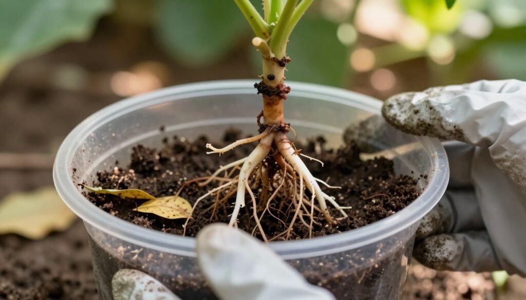 A close-up inspection of plant roots in a clear plastic pot, revealing intricate root structures with some healthy white tips and a few brown, decayed roots. The foreground features gloved hands gently examining the roots, showcasing attention to detail in diagnosing potential problems. In the middle ground, the pot's soil is visible, with bits of yellow leaves scattered around, hinting at plant stress. The background shows a softly blurred garden setting with dappled sunlight filtering through leaves, creating a tranquil atmosphere. The lighting is natural, warm, emphasizing the organic materials, with a shallow depth of field to focus on the roots. Overall, the scene conveys a sense of careful observation and concern for plant health. A close-up inspection of plant roots in a clear plastic pot, revealing intricate root structures with some healthy white tips and a few brown, decayed roots. The foreground features gloved hands gently examining the roots, showcasing attention to detail in diagnosing potential problems. In the middle ground, the pot's soil is visible, with bits of yellow leaves scattered around, hinting at plant stress. The background shows a softly blurred garden setting with dappled sunlight filtering through leaves, creating a tranquil atmosphere. The lighting is natural, warm, emphasizing the organic materials, with a shallow depth of field to focus on the roots. Overall, the scene conveys a sense of careful observation and concern for plant health.