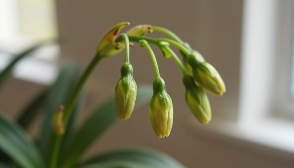 A close-up of a flowering plant exhibiting early bud development, focusing on a cluster of delicate, green flower buds on thin, graceful stems. The buds are plump and slightly translucent, hinting at their imminent blooming, yet some are drooping, illustrating the theme of bud drop. The background features soft-focus indoor foliage, with gentle natural light filtering through a nearby window, creating a warm, inviting atmosphere. The depth of field emphasizes the buds in sharp detail, while the background blurs softly to draw attention to the subject. The overall mood is one of contemplation, evoking curiosity about plant health and care. A close-up of a flowering plant exhibiting early bud development, focusing on a cluster of delicate, green flower buds on thin, graceful stems. The buds are plump and slightly translucent, hinting at their imminent blooming, yet some are drooping, illustrating the theme of bud drop. The background features soft-focus indoor foliage, with gentle natural light filtering through a nearby window, creating a warm, inviting atmosphere. The depth of field emphasizes the buds in sharp detail, while the background blurs softly to draw attention to the subject. The overall mood is one of contemplation, evoking curiosity about plant health and care.