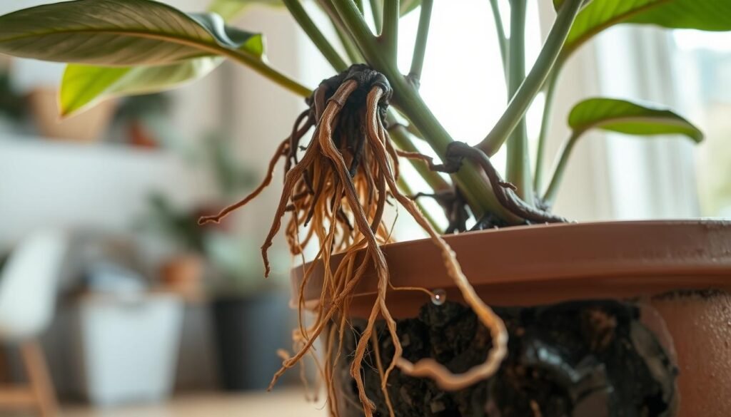 A close-up of a potted indoor plant with visible root rot, showcasing dark, mushy roots intertwined with healthy ones, highlighting the contrast. The background features a softly blurred indoor environment with natural light filtering through a window, creating a warm, inviting atmosphere. The foreground should focus on the soil, which appears overly damp, and the pot's edge where moisture can be seen pooling, hinting at overwatering. Use a shallow depth of field to draw attention to the root damage, while the lighting adds subtle shadows to emphasize texture. The overall mood should be educational and slightly urgent, conveying the importance of recognizing and addressing root rot in indoor flowers.