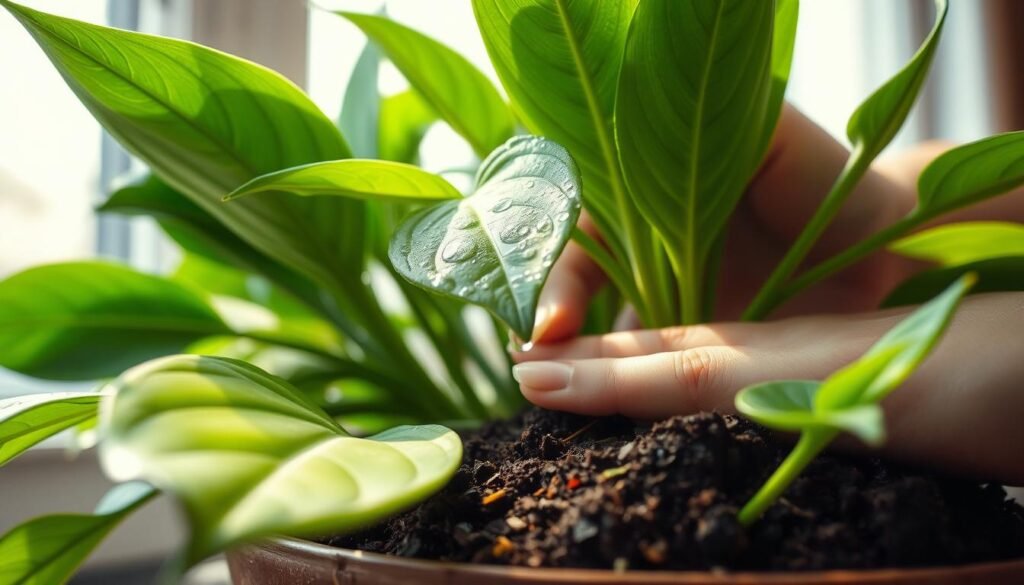 A close-up of a recovering overwatered indoor plant, showcasing vibrant green leaves regaining resilience after drooping. In the foreground, delicate water droplets glisten on the lush foliage, illustrating careful watering recovery. The middle ground features a gentle hand adjusting soil moisture, emphasizing nurturing care, with bits of dry soil mixed in with rich, revitalized earth. In the background, soft sunlight filters through a nearby window, casting a warm glow that highlights the plant's revival. The atmosphere embodies hope and renewal, capturing the transformation of the plant from wilted to thriving. The scene is designed with a shallow depth of field, focusing sharply on the plant while gently blurring the background elements to draw attention to the care process.