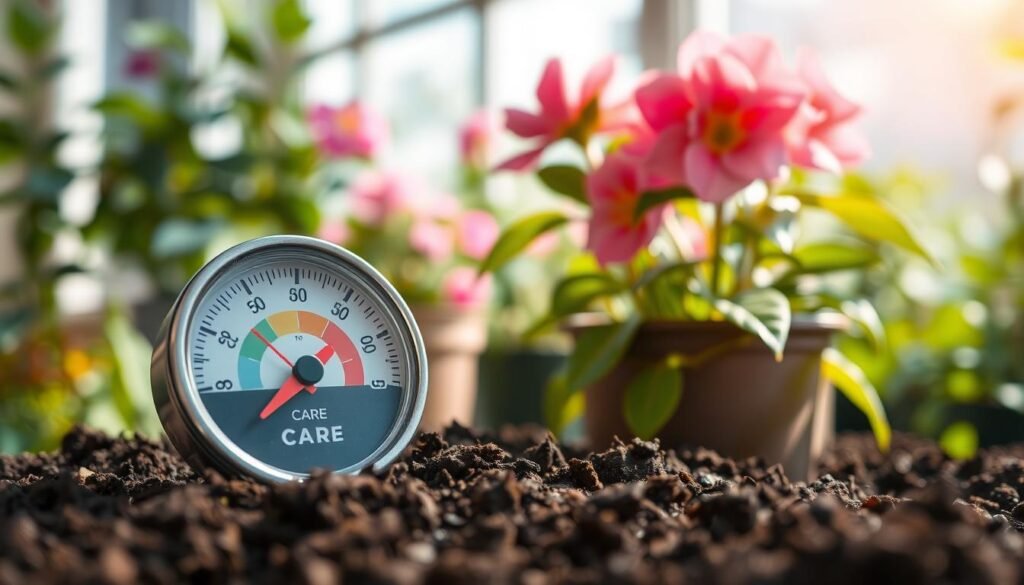 A close-up of a soil moisture meter placed on rich, dark soil, with the needle pointing to a mid-level reading, indicating balanced moisture. In the foreground, include a neatly arranged potted flowering plant with vibrant blooms, hinting at both healthy and drooping leaves to illustrate the theme of care. In the middle background, softly blurred indoor greenery provides context, creating a serene atmosphere of an indoor garden. Natural sunlight streams in from the left, casting gentle shadows and illuminating the meter's dial. The mood is focused and informative, inviting the viewer to consider the importance of soil moisture for plant health. Use a shallow depth of field to emphasize the moisture meter and the surrounding plants.