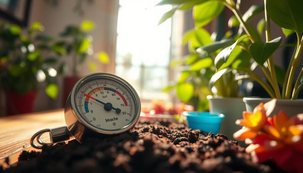 A close-up shot of a high-quality soil moisture meter resting on a wooden table, surrounded by vibrant indoor plants with lush green leaves. The meter displays a clear reading, with the needle indicating optimal moisture levels. In the background, sunlight filters through a nearby window, casting soft shadows and creating a warm, inviting atmosphere. The foreground features a few colorful flower pots, highlighting the importance of proper watering for indoor plants. The image should be captured with a shallow depth of field, using a macro lens to emphasize the details of the moisture meter and the texture of the soil. The mood is calm and nurturing, ideal for showcasing plant care techniques.