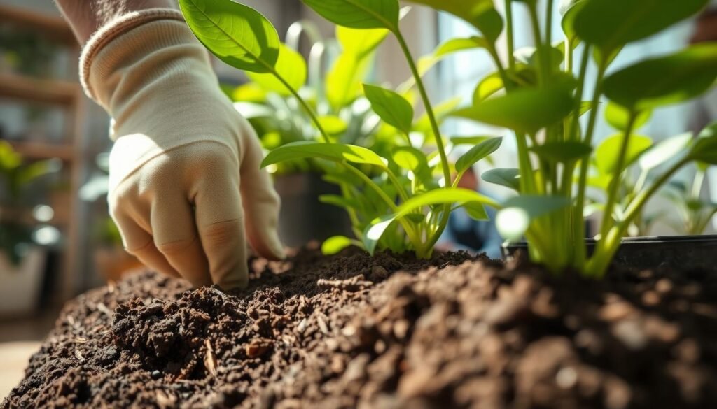 A close-up shot of soil being checked for moisture, featuring a pair of hands gently digging into a potted indoor plant's soil. In the foreground, the rich, dark soil reveals its texture, with small roots visible, indicating healthy plant growth. The hands are adorned with gardening gloves and are positioned as if testing the moisture levels with fingers. In the middle ground, the vibrant green leaves of the plant provide a fresh contrast to the dark soil. The background is softly blurred, showcasing other indoor plants in an inviting, sunlit room, creating a warm and nurturing atmosphere. The lighting is bright and natural, casting gentle shadows, emphasizing the lushness of the plants and the richness of the soil. The overall mood is serene and calming, perfect for a gardening enthusiast.