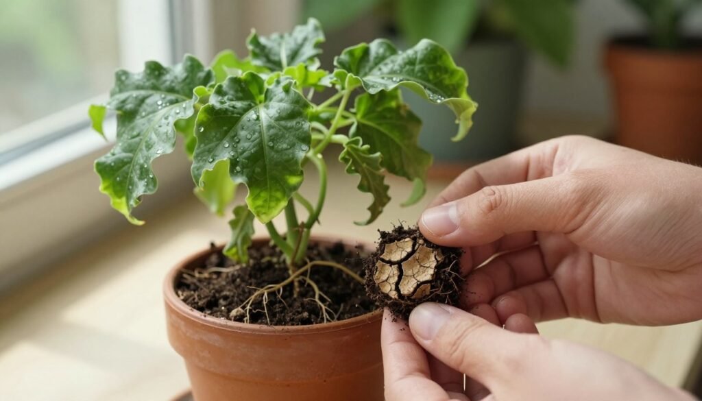 A close-up view of a dry soil test being conducted on a flowering houseplant. In the foreground, a focused hand gently removes a small clump of dry soil from the pot, revealing its cracked surface and root visibility. The middle ground features the plant, displaying curled leaves indicative of water stress, with sunlight streaming through a nearby window casting soft shadows on the surface. The background is slightly blurred, showcasing a cozy indoor setting with lush greenery, emphasizing an atmosphere of nurturing and care. The overall mood is a mix of concern and hope, highlighting the importance of diagnosing root problems and watering issues. A close-up view of a dry soil test being conducted on a flowering houseplant. In the foreground, a focused hand gently removes a small clump of dry soil from the pot, revealing its cracked surface and root visibility. The middle ground features the plant, displaying curled leaves indicative of water stress, with sunlight streaming through a nearby window casting soft shadows on the surface. The background is slightly blurred, showcasing a cozy indoor setting with lush greenery, emphasizing an atmosphere of nurturing and care. The overall mood is a mix of concern and hope, highlighting the importance of diagnosing root problems and watering issues.