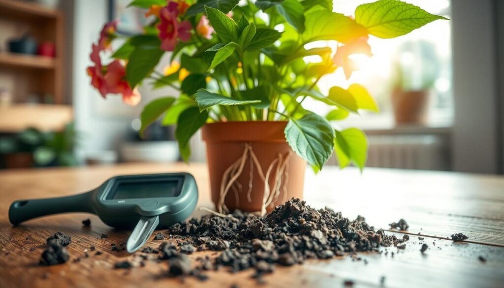 A close-up view of a lush indoor flowering plant with vibrant green leaves and colorful blooms, sitting on a wooden table. In the foreground, a gardening tool, such as a moisture meter or small trowel, is positioned beside the pot, with soil clods scattered around. The middle ground focuses on the plant, showcasing healthy roots and a rich, dark soil texture that looks slightly dry near the surface. The background is softly blurred, featuring light streaming through a window, illuminating the scene with a warm, inviting glow. The atmosphere is calm and nurturing, evoking a sense of care for indoor gardening. The angle should enhance the details of the plant and tool, emphasizing the importance of checking soil moisture effectively.