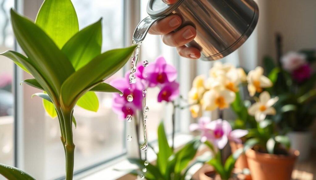 A close-up view of a person carefully watering an indoor flower, capturing the delicate act of nurturing a thirsty plant. The foreground features a hand holding a watering can, with water droplets glistening in the sunlight as they pour over vibrant green leaves. The middle ground showcases a variety of lush indoor flowers in pots, such as colorful orchids and blooming peace lilies, demonstrating healthy growth. The background is softly blurred, hinting at a cozy, well-lit indoor garden setting with natural light streaming through a nearby window, creating a warm and inviting atmosphere. The scene conveys a sense of care, rejuvenation, and the importance of proper watering techniques for indoor flowers.