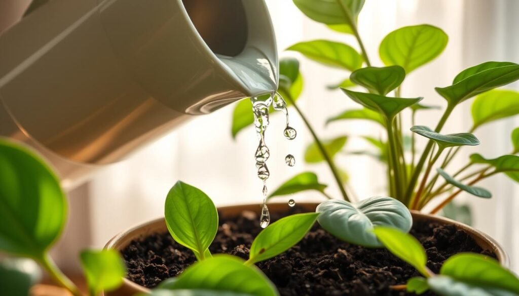 A close-up view of a person gently watering a potted houseplant with rich, dark soil, showcasing vibrant green leaves. The foreground features a clean, modern watering can with a narrow spout, creating a gentle cascade of water droplets onto the soil, ensuring moisture is being evenly absorbed. In the middle ground, lush houseplant leaves glisten with moisture, and small brown tips on some leaves subtly indicate water stress. The background reveals a softly lit and cozy indoor setting, with sunlight filtering through a sheer curtain, casting warm, diffused light across the scene. The atmosphere is serene and nurturing, inviting the viewer to appreciate the care required for healthy indoor plants. Focus on the texture of the soil and leaves to emphasize the importance of watering and soil health.