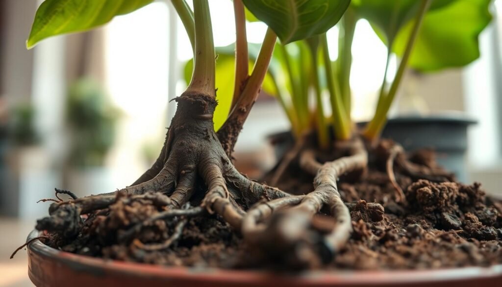 A close-up view of a potted plant exhibiting signs of root rot, with dark, mushy roots surrounded by damp, brown soil. The foreground should highlight the details of the decaying roots, showing their compromised texture and color. In the middle ground, the healthy parts of the plant, such as vibrant green leaves, contrast with the unhealthy roots, illustrating the impact of poor drainage. In the background, a blurred shot of a well-lit indoor environment, with indirect sunlight filtering through a window, creating a warm and inviting atmosphere. The image should evoke a sense of concern for plant care, focusing on the importance of proper potting and drainage techniques. Use soft lighting to enhance the vivid colors of the plant while keeping the background softly blurred to maintain focus.