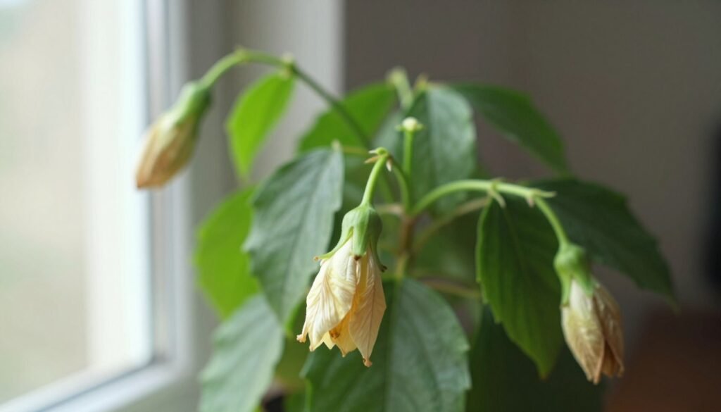 A close-up view of a vibrant indoor plant with multiple flower buds on the verge of opening, showcasing several buds that have begun to drop off. The foreground highlights the delicate, green leaves and the remaining buds, some slightly wilted, creating a poignant sense of loss. In the middle ground, soft, diffused natural light filters through a nearby window, enhancing the rich textures of the petals and leaves while casting gentle shadows. The background features a softly blurred, neutral-toned room interior to emphasize the plant's struggle without distraction. The overall mood is one of quiet contemplation and concern, reflecting the theme of diagnosing indoor gardening issues. Aim for a shallow depth of field to draw attention to the falling buds and their precarious state. A close-up view of a vibrant indoor plant with multiple flower buds on the verge of opening, showcasing several buds that have begun to drop off. The foreground highlights the delicate, green leaves and the remaining buds, some slightly wilted, creating a poignant sense of loss. In the middle ground, soft, diffused natural light filters through a nearby window, enhancing the rich textures of the petals and leaves while casting gentle shadows. The background features a softly blurred, neutral-toned room interior to emphasize the plant's struggle without distraction. The overall mood is one of quiet contemplation and concern, reflecting the theme of diagnosing indoor gardening issues. Aim for a shallow depth of field to draw attention to the falling buds and their precarious state.