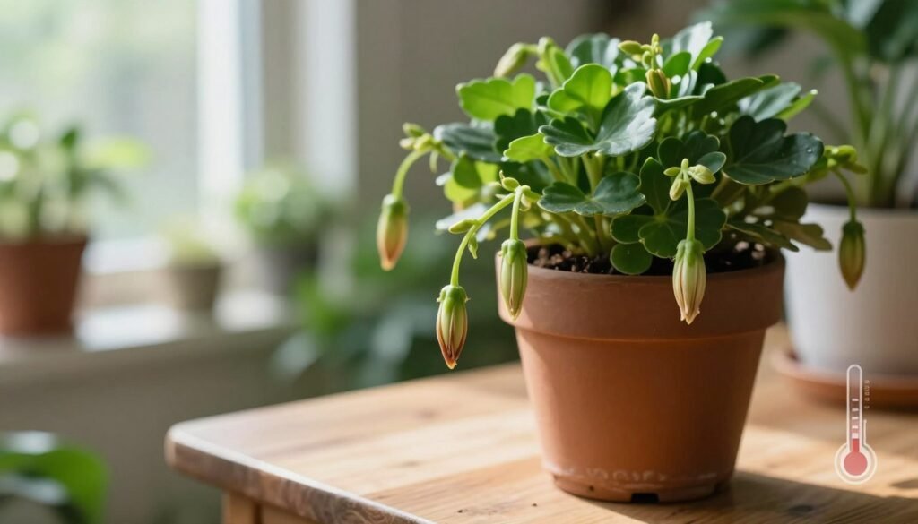 A close-up view of a vibrant potted flowering plant indoors, showing delicate buds hanging from the stem, some already drooping. The plant is placed on a wooden table beneath soft, diffused natural light coming from a nearby window, casting gentle shadows. In the background, a slightly blurred indoor garden with various greenery creates a serene atmosphere. The focus is on the contrast between the fresh green leaves and the wilting buds, depicting the stress of temperature fluctuations. A subtle thermometer illustration can be faintly visible, indicating a temperate zone. The scene conveys a sense of urgency and concern for the health of the plant, inviting viewers to explore the environmental factors affecting indoor flowering plants. A close-up view of a vibrant potted flowering plant indoors, showing delicate buds hanging from the stem, some already drooping. The plant is placed on a wooden table beneath soft, diffused natural light coming from a nearby window, casting gentle shadows. In the background, a slightly blurred indoor garden with various greenery creates a serene atmosphere. The focus is on the contrast between the fresh green leaves and the wilting buds, depicting the stress of temperature fluctuations. A subtle thermometer illustration can be faintly visible, indicating a temperate zone. The scene conveys a sense of urgency and concern for the health of the plant, inviting viewers to explore the environmental factors affecting indoor flowering plants.