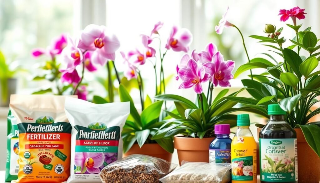 A close-up view of a well-organized indoor gardening setup featuring various types of fertilizers suitable for flowering plants. In the foreground, a selection of colorful, labeled fertilizer bags and bottles, showcasing organic and chemical options. In the middle, vibrant potted indoor flowers, such as orchids and petunias, displaying healthy blooms and lush green foliage. The background softly blurred to suggest a cozy indoor environment with natural light filtering through a window, creating a warm and inviting atmosphere. The scene should evoke a sense of care and nurturing, hinting at the importance of proper feeding for flourishing plants. The lighting is bright yet soft, enhancing the colors of the flowers and fertilizers.