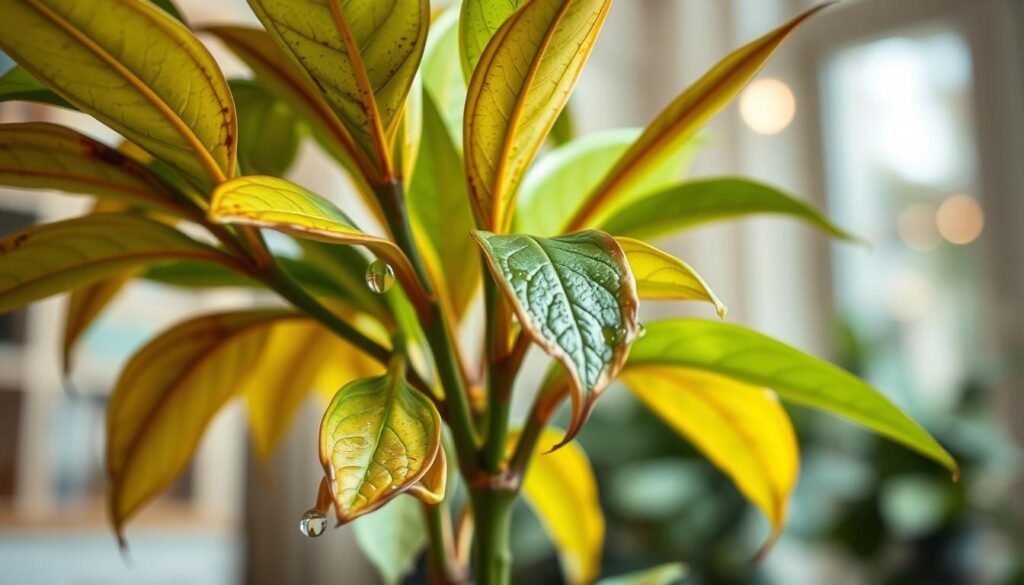 A close-up view of an indoor plant exhibiting signs of overwatering, prominently showcasing yellowing leaves with dark brown tips and soft, mushy stems. The background features a blurred indoor setting with warm natural light filtering through a window, creating a serene atmosphere. Include a few droplets of water on the leaves to emphasize excess moisture, along with a slightly wilted leaf curling downwards. The focus is on the plant, capturing the details of the impacted foliage while keeping a soft bokeh effect around it. The image should evoke a sense of urgency for care while maintaining a calm indoor environment, highlighting the health of the plant amidst challenges.