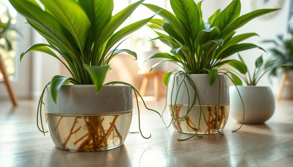 A close-up view of beautifully arranged indoor flowering plants in decorative pots, showcasing their water roots. The foreground features vibrant, green plant leaves gently resting over the edges of modern ceramic pots with visible roots submerged in water. The middle ground includes details of the water level, shimmering softly under natural light. The background is softly blurred, featuring a cozy indoor setting with light wood flooring and a window allowing warm sunlight to filter through, creating a serene atmosphere. The overall mood is tranquil and nurturing, capturing the essence of a well-maintained indoor garden. The image should have a bright and inviting lighting, with a shallow depth of field to emphasize the plants and pots without any text or distractions.