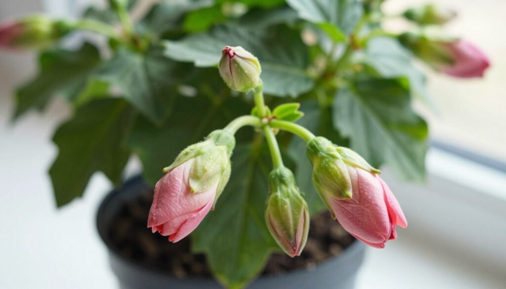 A close-up view of delicate flower buds showing signs of impending drop, set in a well-lit indoor environment. The foreground highlights several vibrant, partially opened buds with varying shades of green and soft pink, some appearing droopy or with discolored petals. In the middle ground, a lush plant backdrop filled with healthy foliage creates a contrast, emphasizing the importance of nutrient-rich soil and appropriate watering. The lighting is bright yet soft, imitating natural daylight filtering through a window, creating gentle shadows that add depth. The atmosphere conveys a sense of urgency and hope, focusing on prevention techniques and the vitality of healthy plant care. The overall composition is designed to inspire readers with ways to maintain healthy bud development in indoor gardening. A close-up view of delicate flower buds showing signs of impending drop, set in a well-lit indoor environment. The foreground highlights several vibrant, partially opened buds with varying shades of green and soft pink, some appearing droopy or with discolored petals. In the middle ground, a lush plant backdrop filled with healthy foliage creates a contrast, emphasizing the importance of nutrient-rich soil and appropriate watering. The lighting is bright yet soft, imitating natural daylight filtering through a window, creating gentle shadows that add depth. The atmosphere conveys a sense of urgency and hope, focusing on prevention techniques and the vitality of healthy plant care. The overall composition is designed to inspire readers with ways to maintain healthy bud development in indoor gardening.