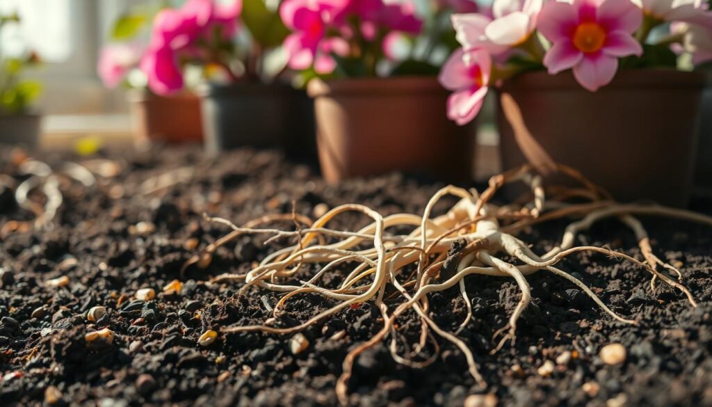 A close-up view of healthy soil roots intricately intertwined with dark, rich soil, showcasing various root types from an array of indoor flowers. In the foreground, detailed textures of the soil surface reveal small pebbles and organic matter. The middle ground features the robust, white and brown roots, some branching out and emerging from the soil, demonstrating a healthy, thriving root system. In the background, a soft-focus representation of potted indoor flowers with blooming petals provides a vibrant and colorful contrast. The lighting is warm and natural, simulating sunlight filtering through a window, casting gentle shadows that enhance the depth and detail of the roots. The overall atmosphere is tranquil yet vibrant, inviting readers to explore the essential role of soil in indoor flower care.