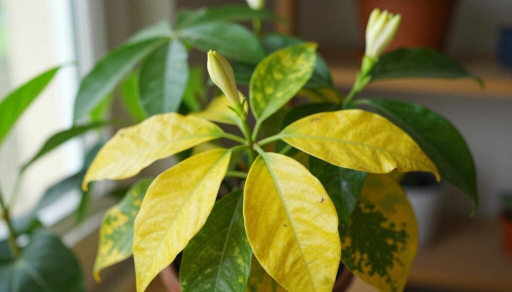 A close-up view of indoor plant leaves exhibiting yellowing due to blooming stress. The foreground features vibrant green leaves mixed with several yellowing leaves at various stages of wilting, showcasing the contrast. In the middle ground, a few budding flowers can be seen, hinting at the blooming stage, while the surrounding foliage is lush and healthy, suggesting proper care. The background is softly blurred, depicting a warm, sunlit room that enhances the cozy atmosphere. The lighting is natural, with soft sunlight filtering through a window, creating gentle shadows on the leaves. Capture a sense of tranquility and the intricate beauty of plant life during its flowering phase. A close-up view of indoor plant leaves exhibiting yellowing due to blooming stress. The foreground features vibrant green leaves mixed with several yellowing leaves at various stages of wilting, showcasing the contrast. In the middle ground, a few budding flowers can be seen, hinting at the blooming stage, while the surrounding foliage is lush and healthy, suggesting proper care. The background is softly blurred, depicting a warm, sunlit room that enhances the cozy atmosphere. The lighting is natural, with soft sunlight filtering through a window, creating gentle shadows on the leaves. Capture a sense of tranquility and the intricate beauty of plant life during its flowering phase.