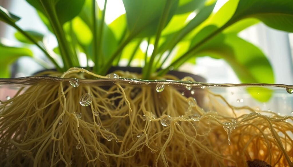 A close-up view of intricate water roots submerged in clear, nutrient-rich soil, showcasing their delicate, fibrous structures. The foreground features glistening droplets of water on the roots, reflecting light to highlight their transparency. In the middle, lush green leaves of a flowering indoor plant extend upwards, casting soft shadows. The background should include a softly blurred indoor setting, perhaps a sunlit window with gentle natural light streaming through, creating a warm and inviting atmosphere. The overall mood is calm yet vibrant, emphasizing the importance of proper watering for indoor flowering plants. Capture this scene from a slightly overhead angle to emphasize the layering of roots and leaves.
