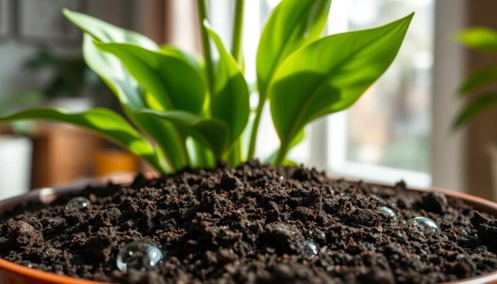 A close-up view of overwatered soil in a potted indoor flower, showcasing rich, dark brown soil saturated with water. The foreground features droplets of water pooling at the surface, highlighting the excess moisture. In the middle ground, lush green leaves of the flower droop slightly, indicating stress from overwatering. The background fades softly into a blurred interior setting with soft natural light filtering through a window, casting gentle shadows on the soil. The overall mood should feel a bit somber yet reflective, emphasizing the importance of proper watering techniques for plant health. The angle should be slightly tilted to provide a dynamic composition that draws the viewer's attention to the soil moisture condition.